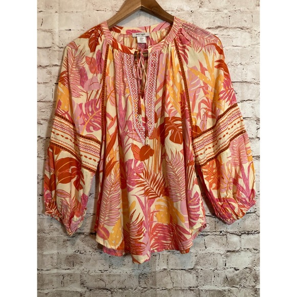 Haute Hippie Tops - Haute Hippie Peasant Top Womens Medium Beaded Tassels Monstera Print Pink Boho
